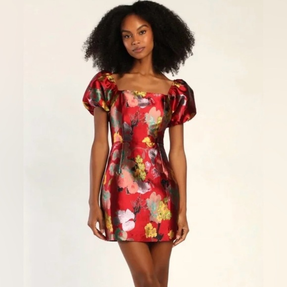 Lulus Red Multi Floral Jacquard Puff Sleeve Dress - Perfect for Spring! - Picture 3 of 7